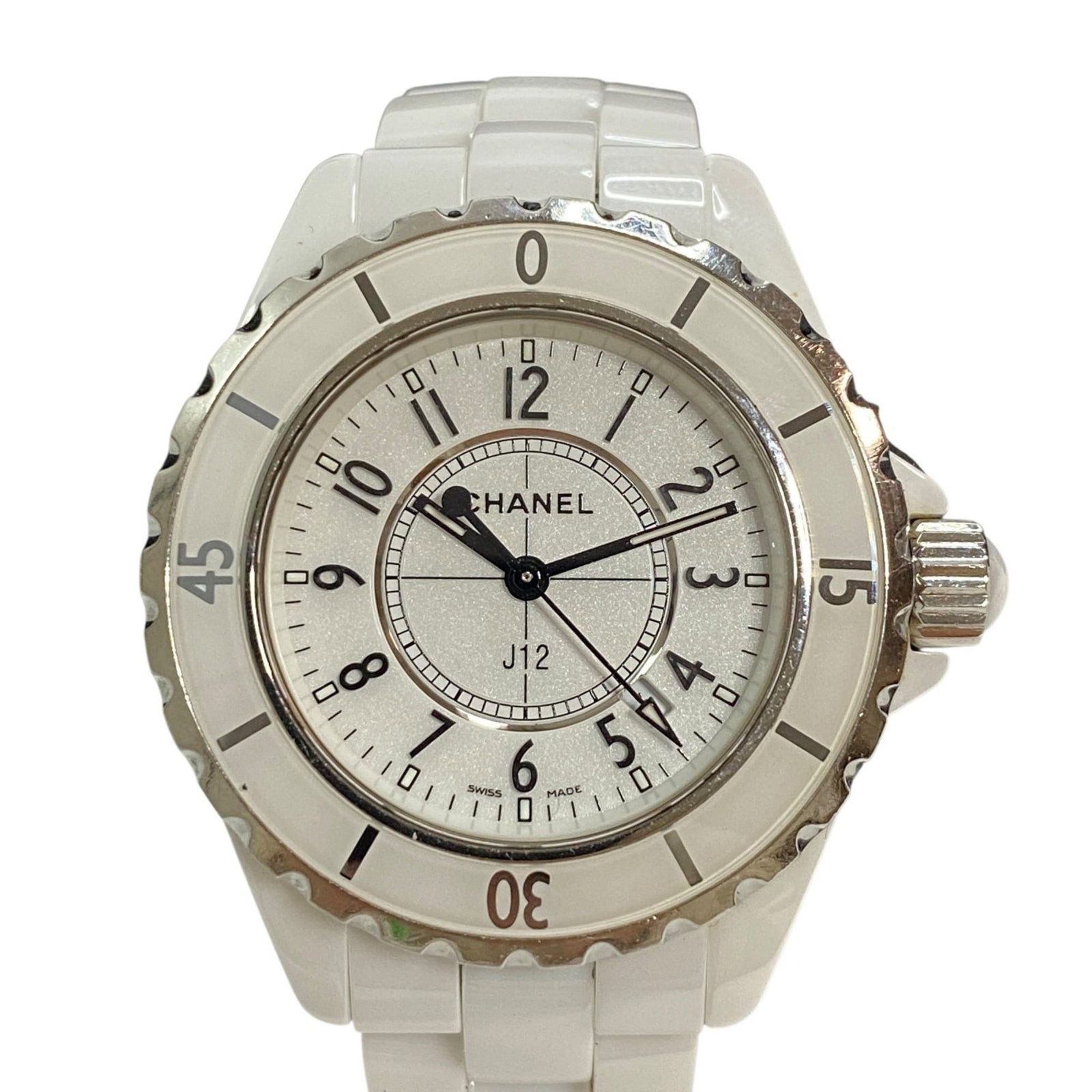Rule Strict Watch Wrist Chanel: Rule Strict Watch Wrist Chanel This ceramic Chanel Rule Strict Watch boasts a sleek white dial and a durable ceramic band, making it a stylish accessory for any occasion. With its 33mm case diameter a