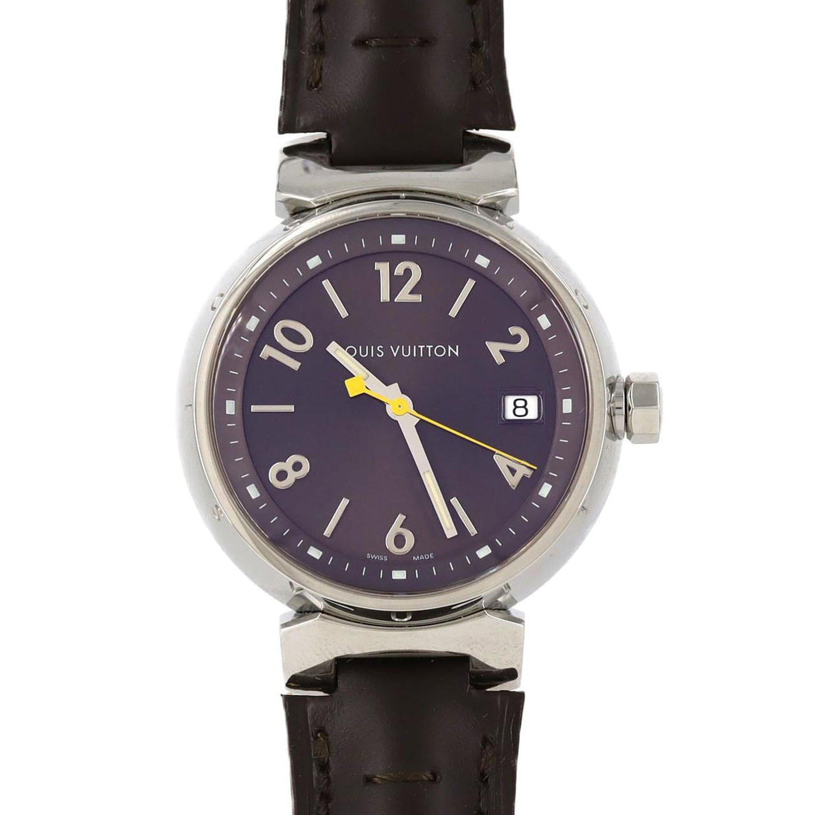 Louis Vuitton watch wrist: Louis Vuitton watch wrist Stainless steel case and brown leather band make this Louis Vuitton watch wrist a stylish accessory. The analog display features a classic design with a diameter of 34mm, whi