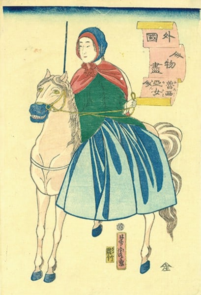 Woodblock Print Russian Woman on Horseback in Yokohama Art (1 of 2)
