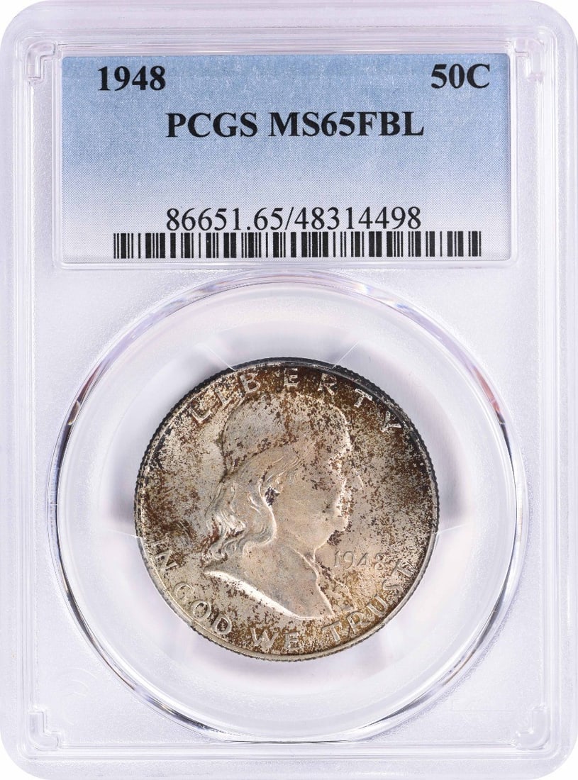 Silver Half Dollar Toned: Silver Half Dollar Toned The 1948 Philadelphia Silver Half Dollar Toned boasts an impressive MS65 grade from PCGS, showcasing exceptional toning and luster. With its reeded edge and 90% silver