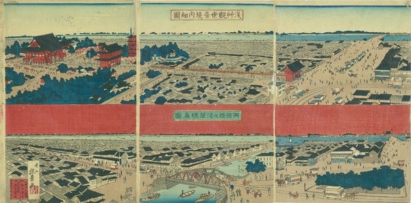 Woodblock Print Kannon Meiji Tankei Asakusa Ryogoku 1800s: Woodblock Print Kannon Meiji Tankei Asakusa Ryogoku 1800s Woodblock print of Asakusa Kannon Temple Ryogoku Bridge from the Meiji period, created by Inoue Tankei. This striking piece showcases the