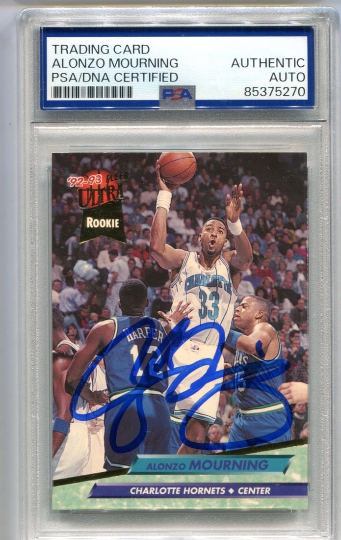 Fleer Ultra Alonzo Mourning Autographed Card: Fleer Ultra Alonzo Mourning Autographed Card The Fleer Ultra Alonzo Mourning Autographed Card features a sharpie signature across its front, authenticated and slabbed by PSA. This rare collectible