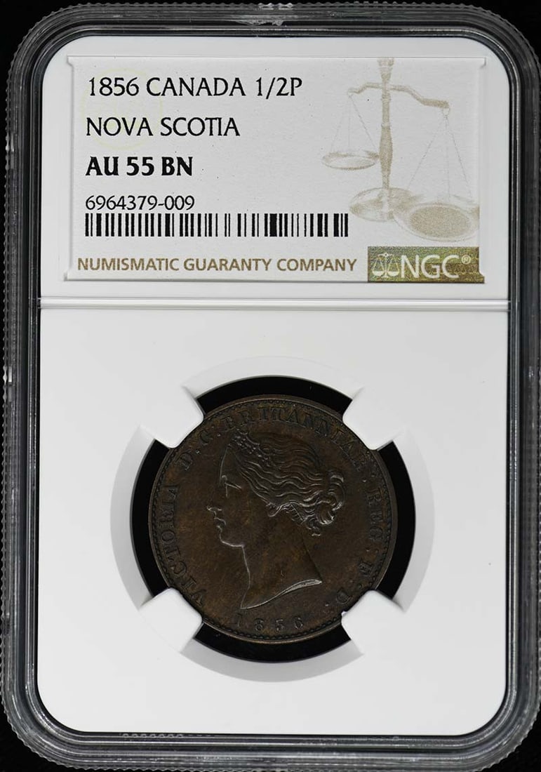 Nova Scotia 1/ 2P Half Penny Token AU55BN: Nova Scotia 1/ 2P Half Penny Token AU55BN The Nova Scotia half penny token features a unique design, showcasing the province's heritage. Certified by NGC as AU55BN, this coin boasts a high level of