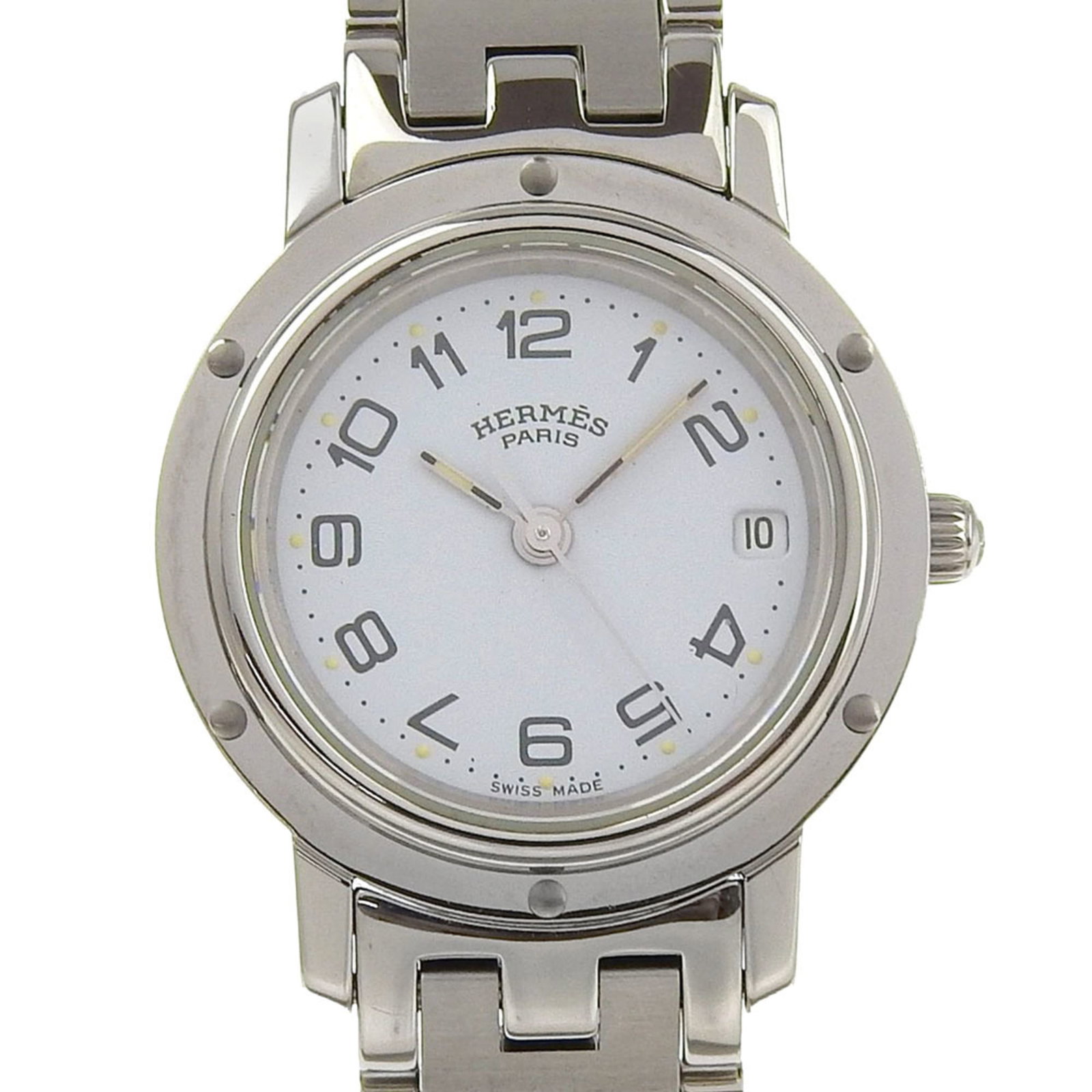 Watch Wrist Hermes: Watch Wrist Hermes Stainless steel case and band create a sleek silhouette for this 24mm white analog watch. The dial's crisp design stands out against the subtle wear of use, with minor scratches