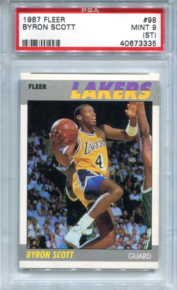 Byron Scott 1987 PSA Mint 9 Card: Byron Scott 1987 PSA Mint 9 Card The Byron Scott 1987 Fleer #98 card is a Mint 9 graded PSA card bearing a signature. Graded by Professional Sports Authentication (PSA), this card has been
