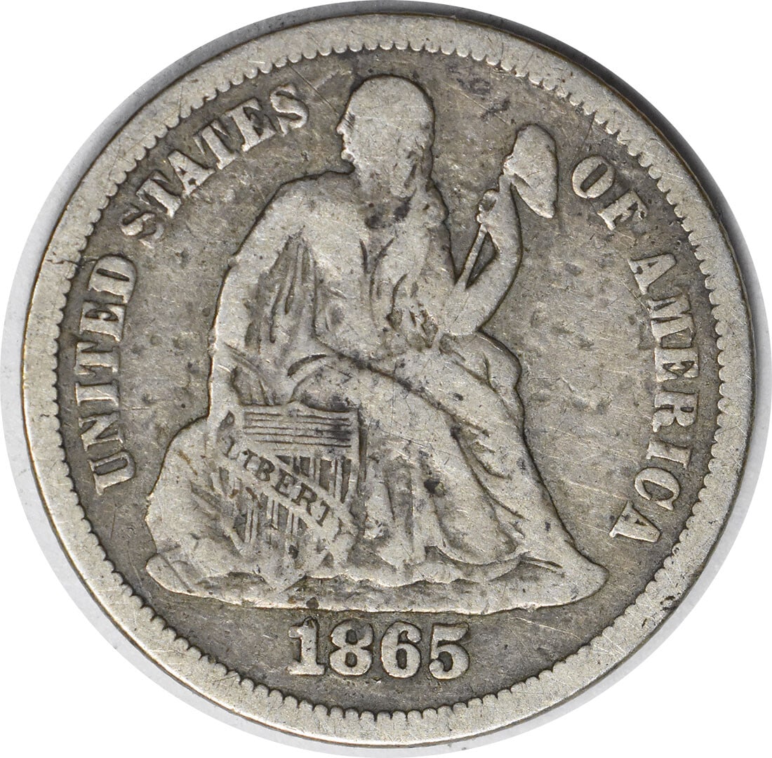 Silver dime Liberty seated 1865 VF Uncertified: Silver dime Liberty seated 1865 VF Uncertified The 1865 Silver Dime features Seated Liberty in a classic design, crafted by Christian Gobrecht. This circulated coin boasts a striking silver