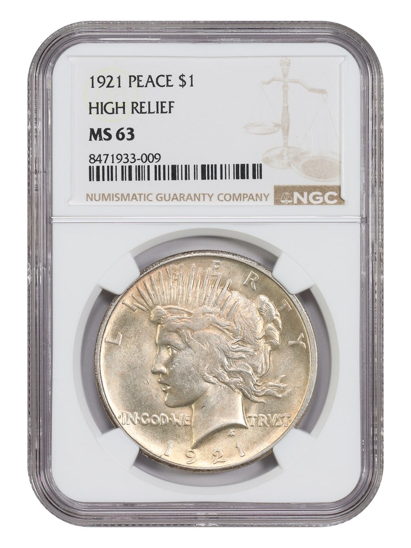 Scarce First Year High Relief Dollar: Scarce First Year High Relief Dollar The 1921 High Relief Dollar is an uncirculated example of this iconic coin series. Certified by NGC and graded MS 63, its Philadelphia mint mark adds to its authen