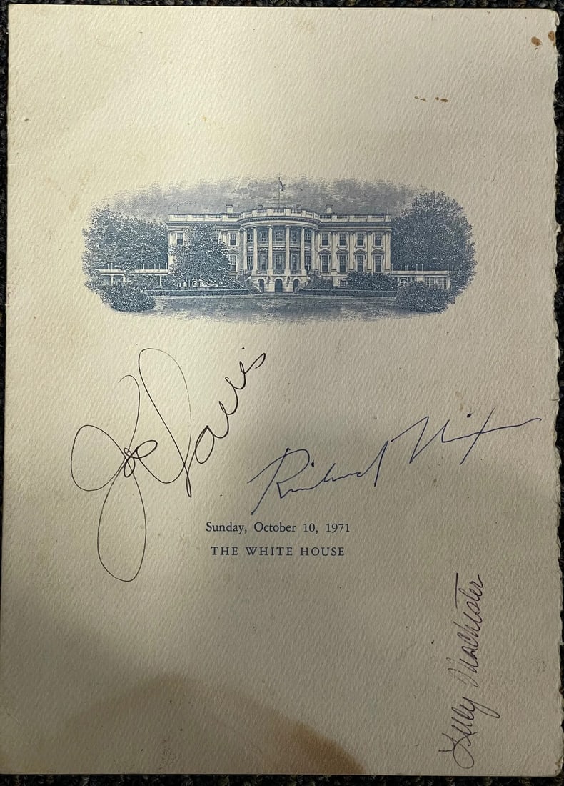 Richard Nixon Autographed White House By Joe Louis: Richard Nixon Autographed White House By Joe Louis Authentic Joe Louis and Richard Nixon signed White House program in blue and black pen. Measuring 6.5 x 9 inches, this 9x6.5 inch program features si