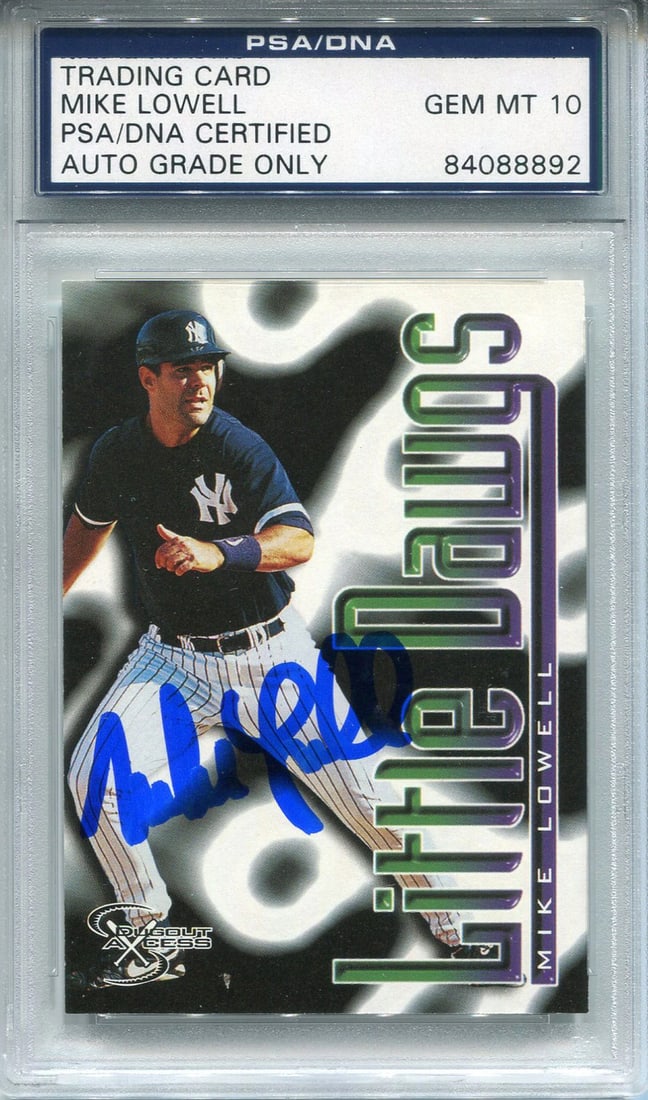 Lowell Mike Autographed 1998 Skybox Little Dawg Rookie Card PSA/ DNA: Lowell Mike Autographed 1998 Skybox Little Dawg Rookie Card PSA/ DNA Mike Lowell's 1998 Skybox Little Dawg Rookie Card boasts an authentic autograph in blue sharpie, certified by PSA/DNA as a gem