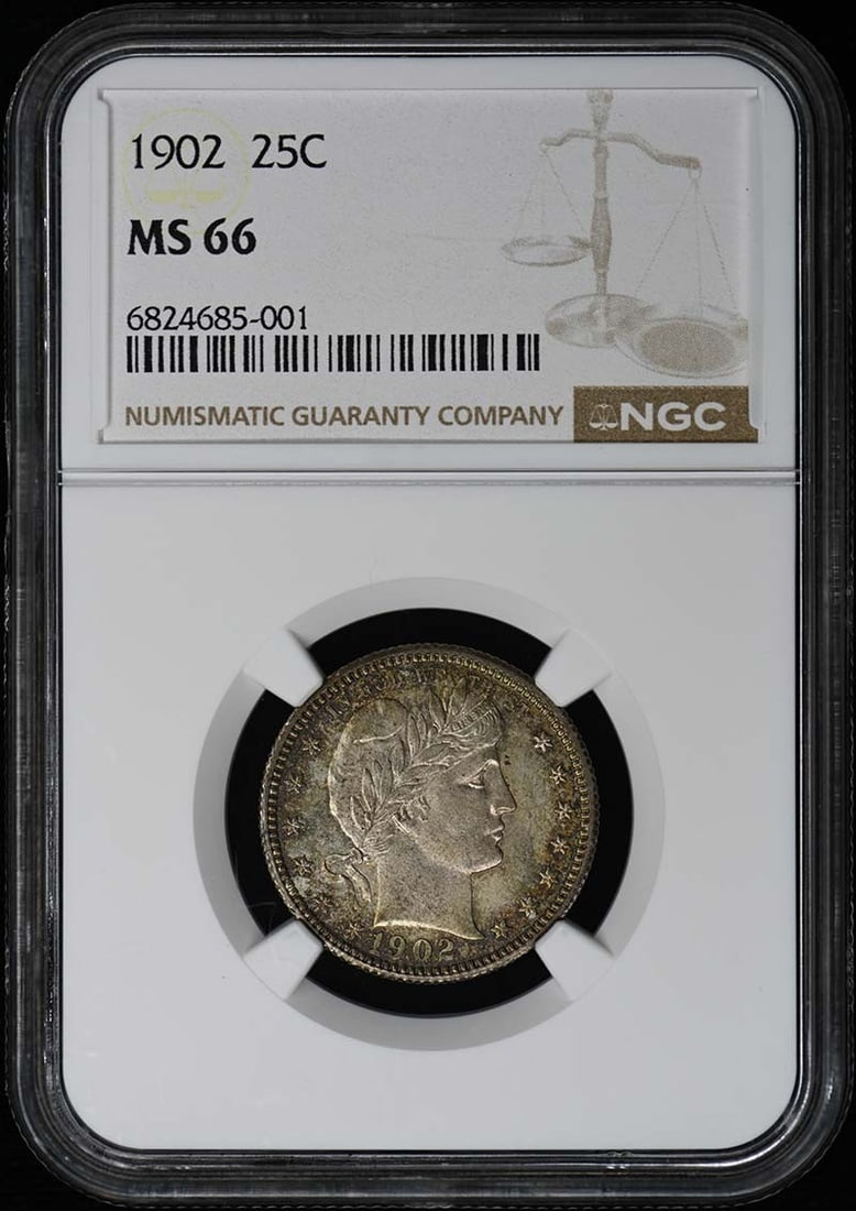 Quarter Barber 25 Cents: Quarter Barber 25 Cents The 1902 Quarter Barber quarter features a striking design with its iconic obverse and reverse elements. This uncirculated coin boasts an MS66 grade from NGC certification,