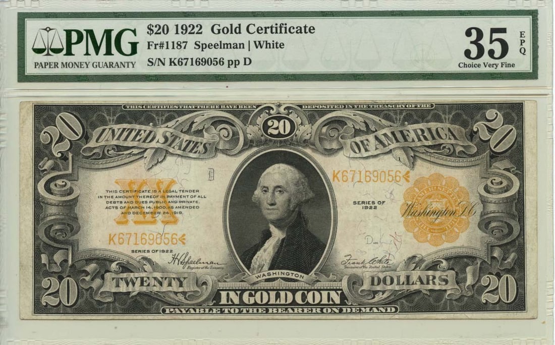 $20 Gold Certificate Fr #1187 PMG VF35 EPQ: $20 Gold Certificate Fr #1187 PMG VF35 EPQ The $20 Gold Certificate Fr #1187 PMG VF35 EPQ features a circulated condition with a grade of VF35 and is certified by PMG. This 1922 gold certificate boast