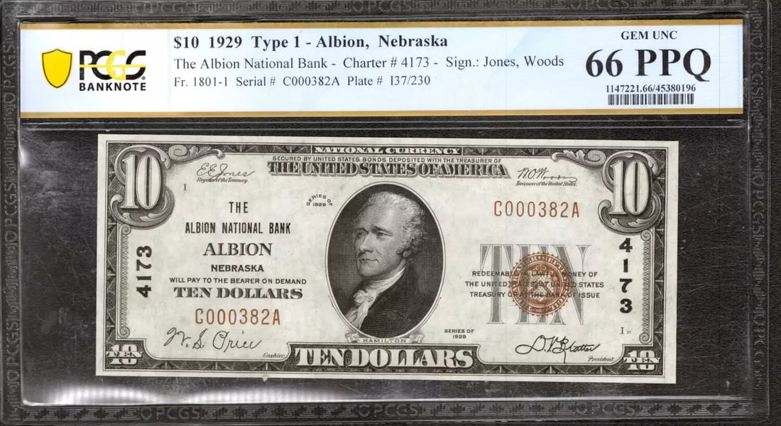ALBION BANKNOTE 1929 NEBRASKA FR1860 GEM: ALBION BANKNOTE 1929 NEBRASKA FR1860 GEM The ALBION BANKNOTE 1929 NEBRASKA FR1860 GEM features a PCGS Grade of 66 PPQ, indicating exceptional condition. This circulated $10 bill from the Series Year