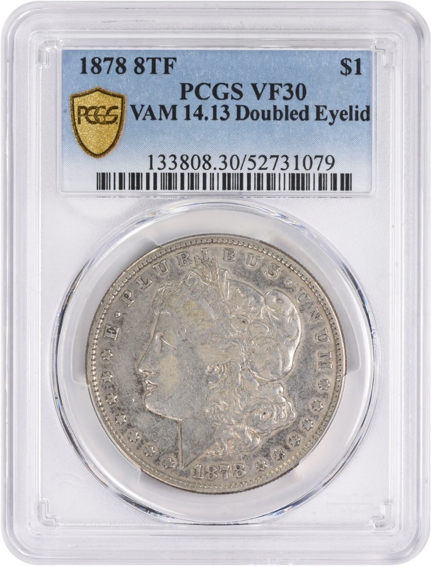 Morgan silver dollar 1878 doubled eyelid vam 8tf 14.13 pcgs: Morgan silver dollar 1878 doubled eyelid vam 8tf 14.13 pcgs The 1878 Morgan silver dollar on display boasts its original circulated condition, bearing the distinctive characteristics of its age. With 