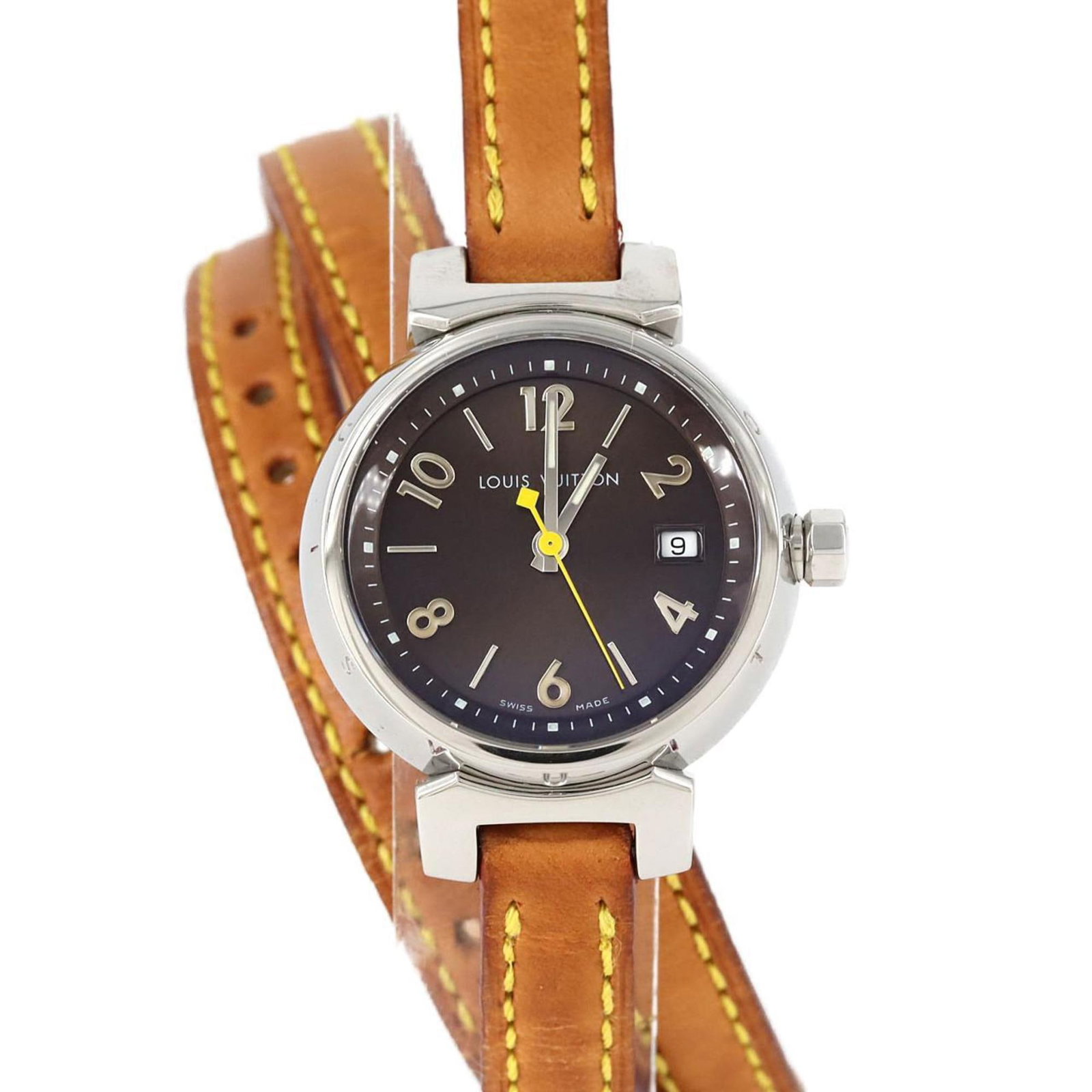 Louis Vuitton watch wrist: Louis Vuitton watch wrist Stainless steel case and band add an edgy touch to this Louis Vuitton watch wrist. The brown dial provides a sophisticated contrast to the sleek metal accents. With its 28mm