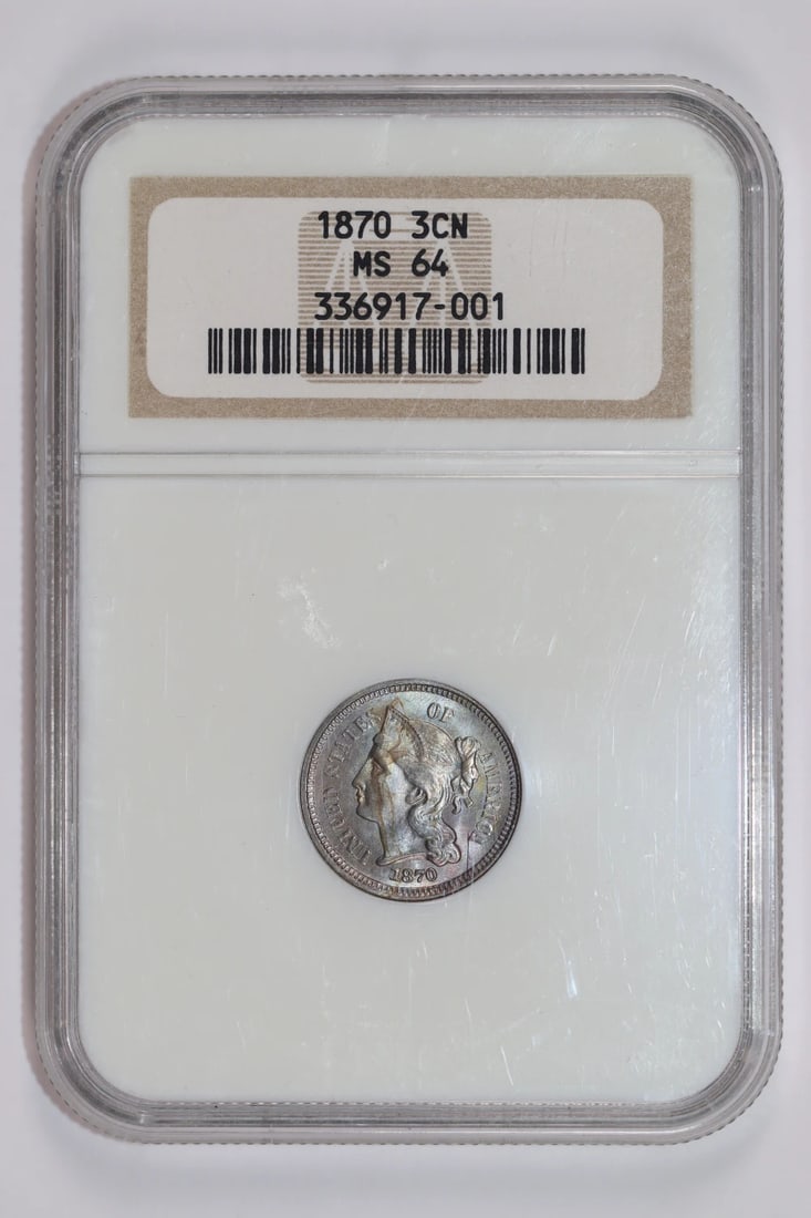 Rainbow Nickel Three Cent: Rainbow Nickel Three Cent This 1870 Rainbow Nickel Three Cent coin boasts an MS 64 grade, showcasing exceptional detail and luster. As an uncirculated specimen, its natural patina has been preserved,
