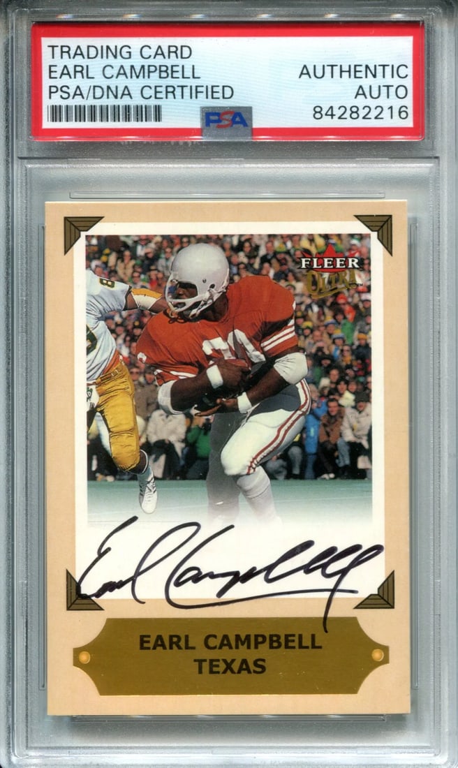 Autographed Card PSA Earl Campbell 2001 Fleer: Autographed Card PSA Earl Campbell 2001 Fleer Signed in black sharpie across the front of the card, this 2001 Fleer Autographed Earl Campbell Card features a notable autograph. The Professional