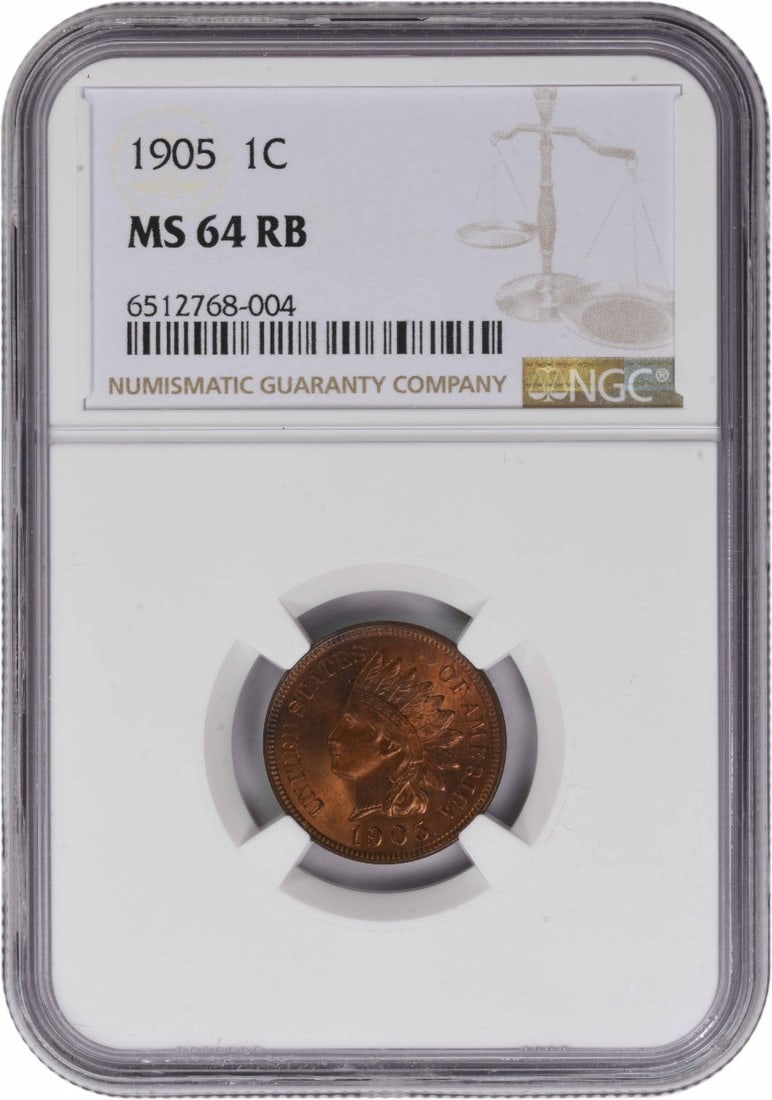 Indian Cent MS64RBNGC: Indian Cent MS64RBNGC The Indian Cent MS64RBNGC is a highly detailed and well-crafted coin from 1905, boasting an MS64 grade indicating its exceptional condition. This uncirculated specimen features t