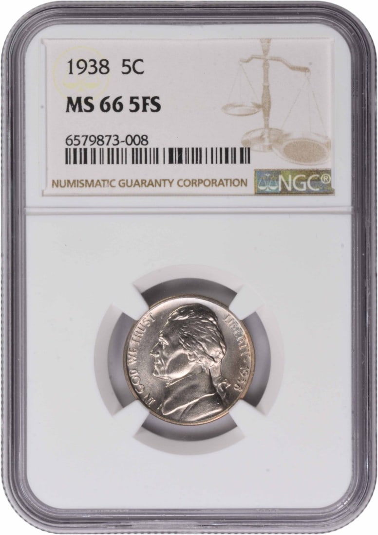 MS66 5FS 1938 Jefferson Nickel: MS66 5FS 1938 Jefferson Nickel The MS66 5FS 1938 Jefferson Nickel boasts exceptional condition, showcasing its uncirculated state with remarkable detail. Certified by NGC, this coin's grade of MS66
