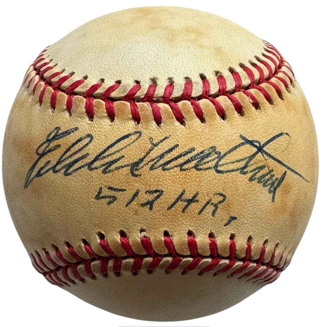 National League Baseball Autographed by Eddie Mathews: National League Baseball Autographed by Eddie Mathews Authentic National League Baseball Signed in Blue Pen. This official baseball, signed across the sweet spot with the inscription "512 HR", bears