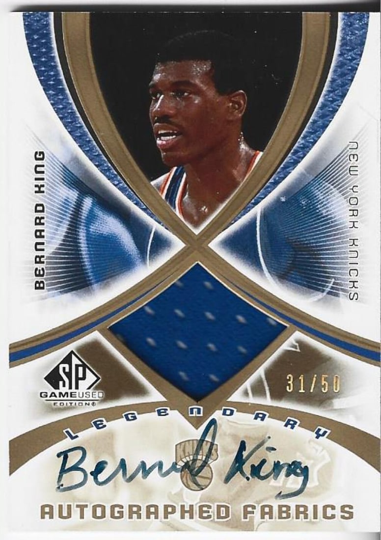 Jersey card autographed by Bernard King game worn upper deck 2005 31 of 50: Jersey card autographed by Bernard King game worn upper deck 2005 31 of 50 This game-worn jersey card from Bernard King's 2005 Upper Deck collection features an autograph on the front of the card. Onl
