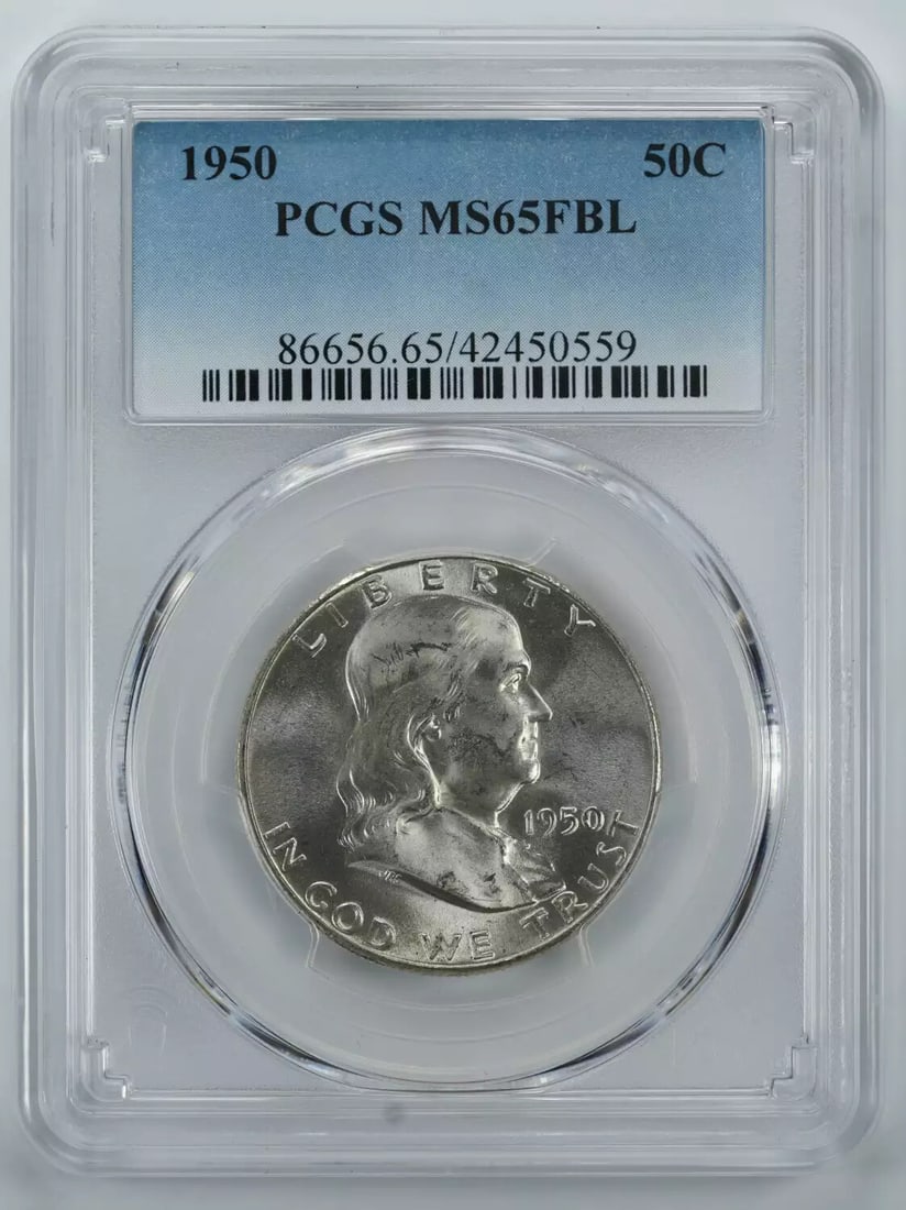 FULL BELL LINES FBL MINT HALF DOLLAR 50C PCGS MS 65 UNC 1950 FRANKLIN: FULL BELL LINES FBL MINT HALF DOLLAR 50C PCGS MS 65 UNC 1950 FRANKLIN The Full Bell Lines FBL Mint Half Dollar, graded MS 65 by PCGS, boasts exceptional uncirculated condition with striking details. T