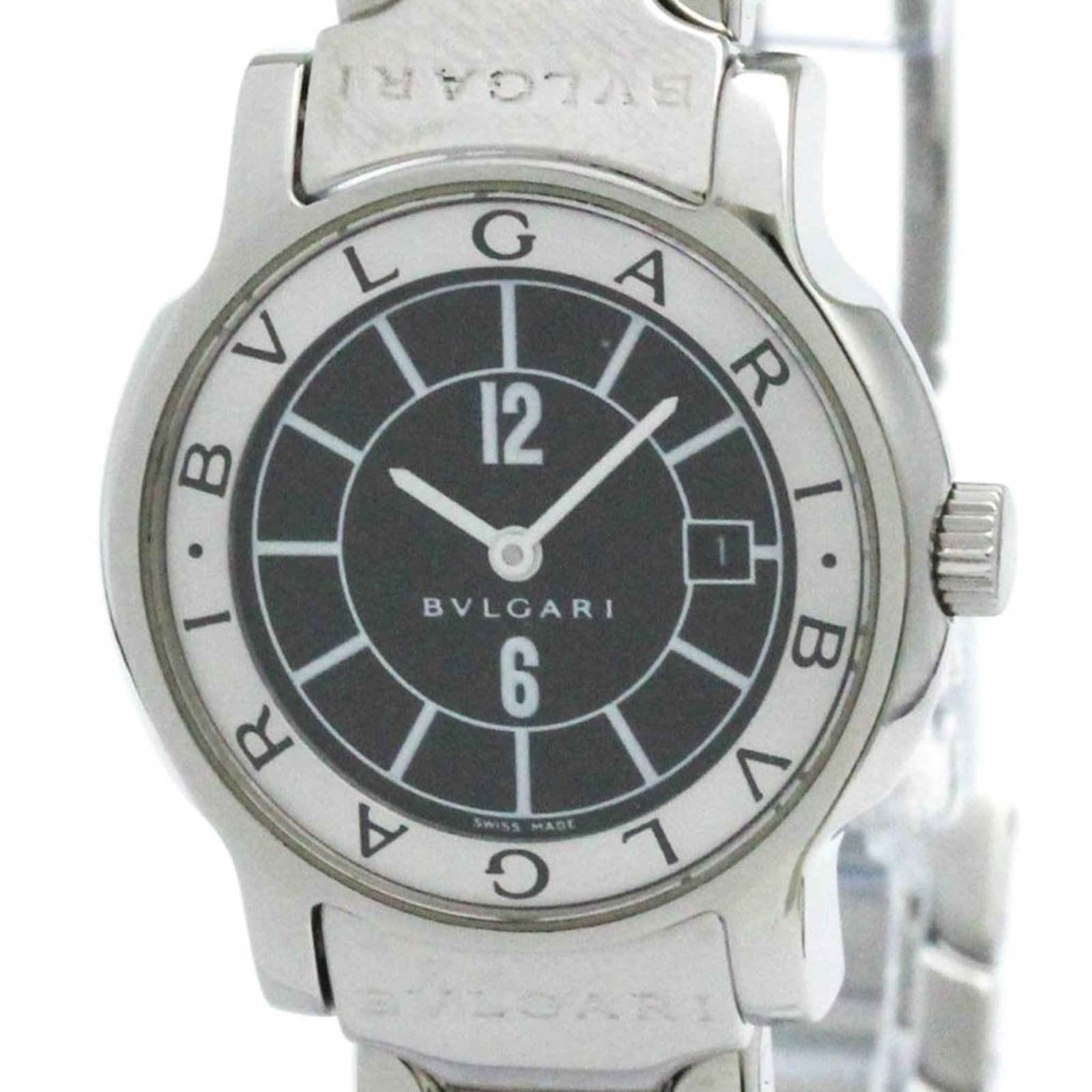 Bulgari Watch Wrist: Bulgari Watch Wrist Stainless steel case and band add a sleek touch to this Bulgari watch wrist. The black dial provides a sophisticated backdrop for everyday wear, while some minor scratches and dirt