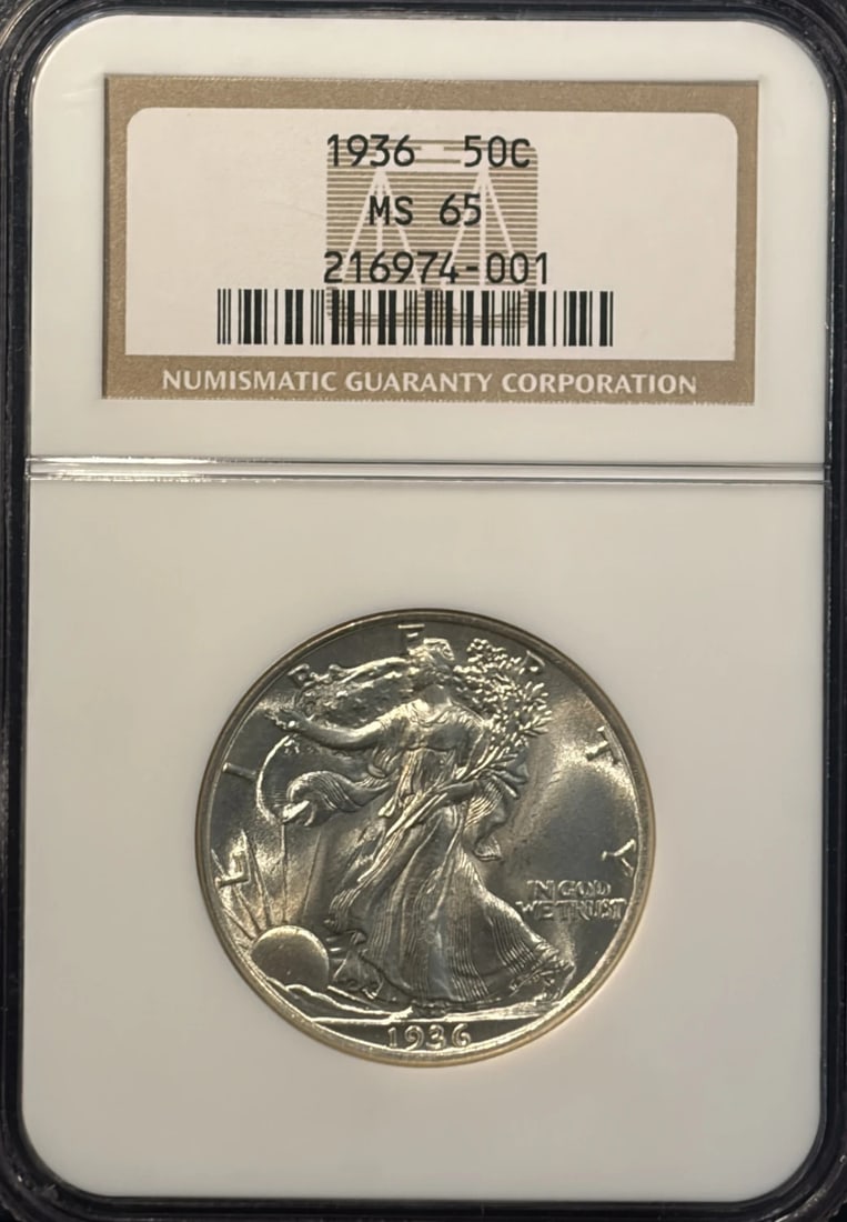 MS65 HALF DOLLAR NGC 1936 LIBERTY WALKING: MS65 HALF DOLLAR NGC 1936 LIBERTY WALKING The MS65 Half Dollar from 1936 boasts exceptional detail and luster, showcasing its uncirculated condition. Graded by the Numismatic Guaranty Corporation
