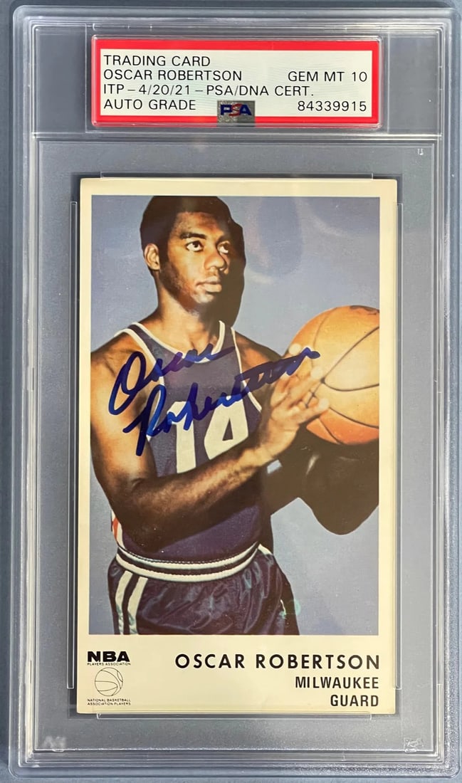 Robertson Oscar 1972 PSA Card Autographed Bear Icee: Robertson Oscar 1972 PSA Card Autographed Bear Icee The Oscar Robertson 1972 PSA/DNA Icee Bear Autographed Card features a sharpie signature across its front. This card showcases an iconic moment from