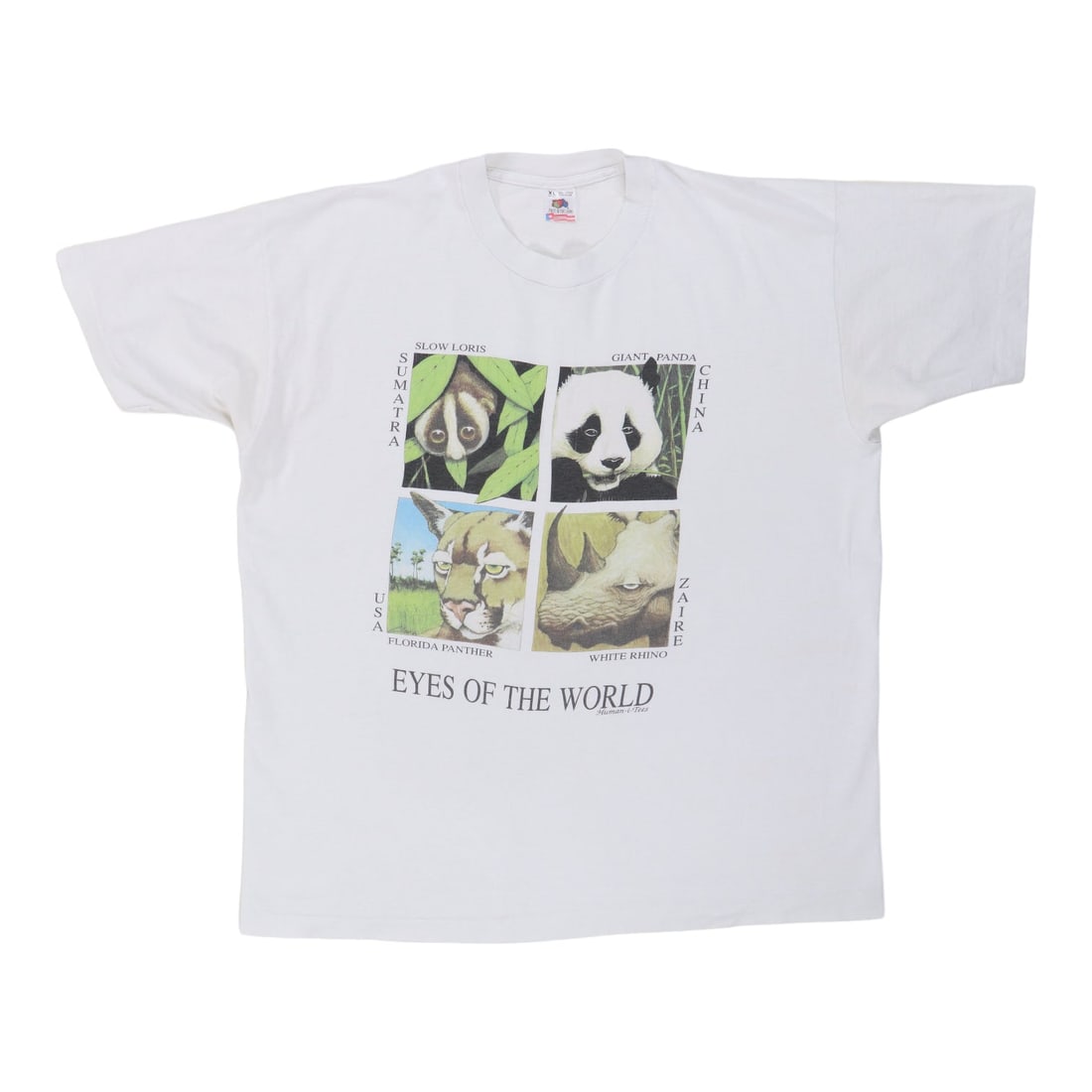 Human Eye Shirt: Human Eye Shirt Extra Large Eyes Of The World Human-i-Tees Shirt from the 1990s. This vintage 100% cotton shirt features a classic white color and a striking eye graphic on the front, with a collared