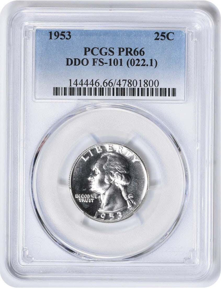 Silver Quarter Washington 1953 DDO FS 101 PCGS: Silver Quarter Washington 1953 DDO FS 101 PCGS This 1953 DDO Silver Quarter Washington coin features an SP66 grade and is certified by PCGS as Uncirculated. The coin's KM number 164 indicates its