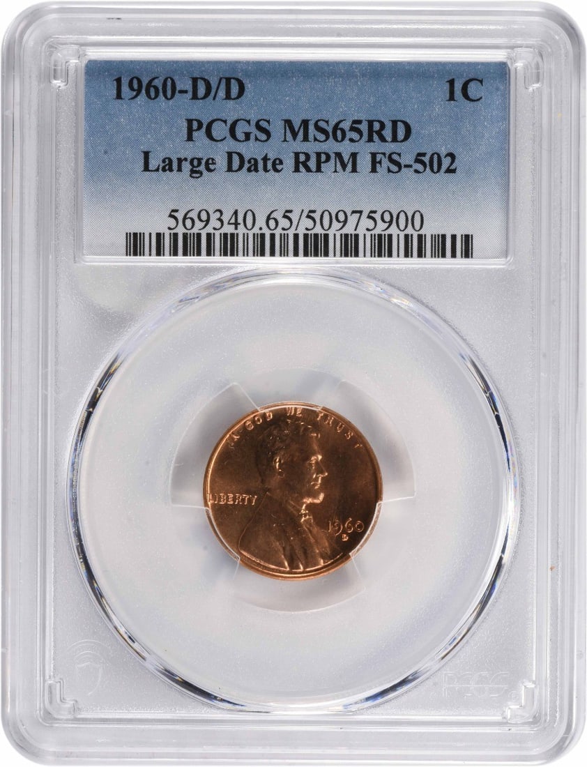 Large Date RMS Lincoln Cent 1960-D FS-502 MS65RD PCGS: Large Date RMS Lincoln Cent 1960-D FS-502 MS65RD PCGS The PCGS-certified MS65RD Lincoln Cent features a striking design with Victor David Brenner's iconic portrait of Abraham Lincoln and Frank