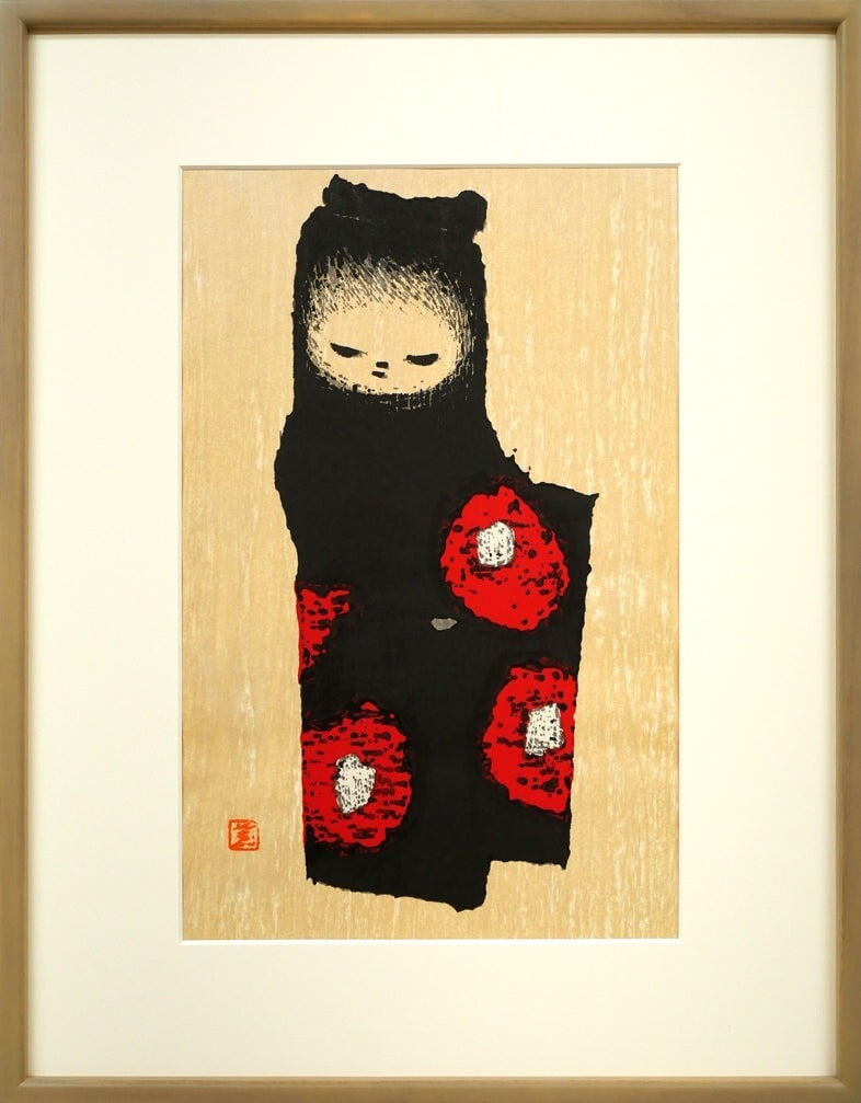 Camellia woodblock print framed vintage Japanese art stamped Kawano Kaoru strict rules apply. (1 of 9)