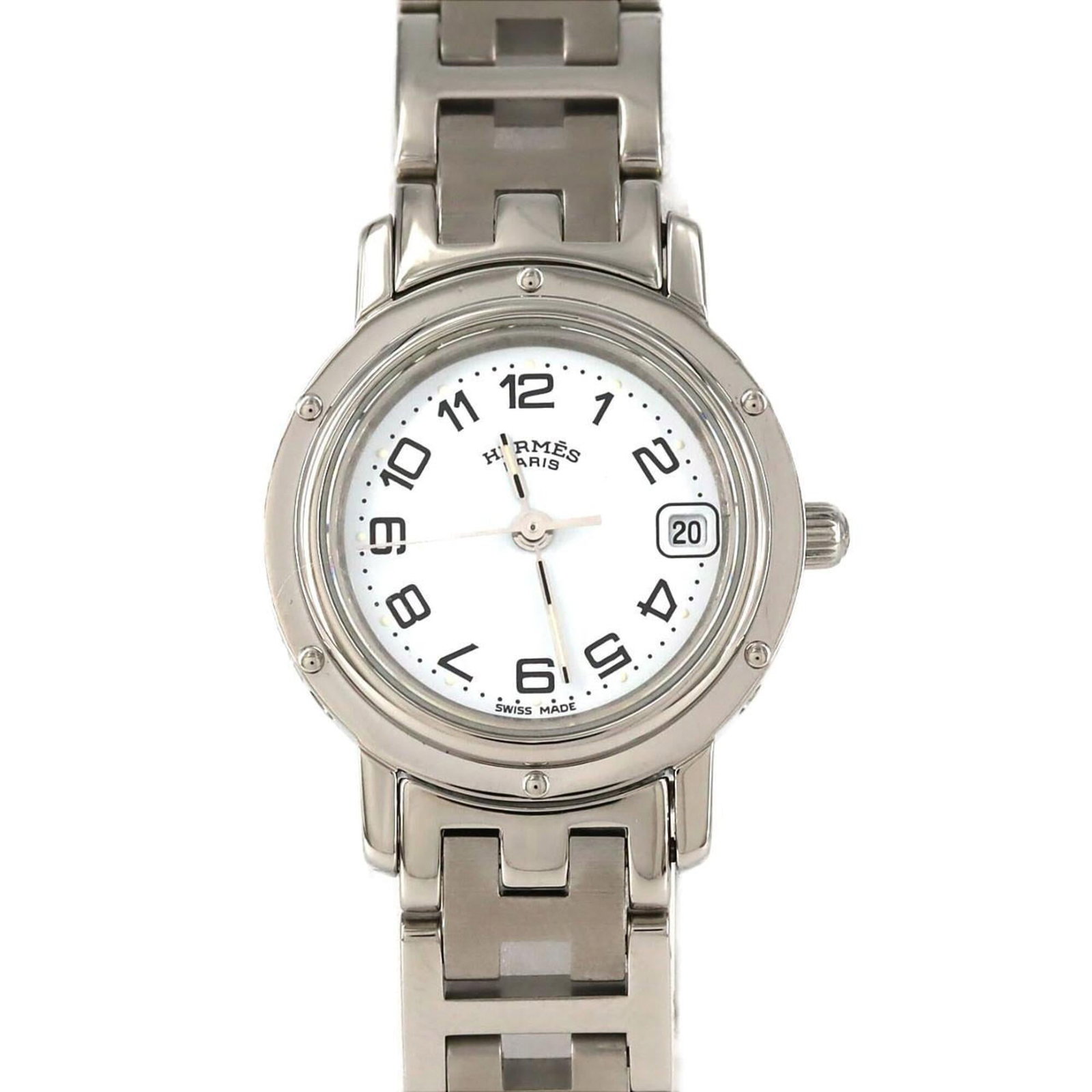 Watch Wrist Hermes: Watch Wrist Hermes Stainless steel case and band add an edgy touch to this sleek watch. The white dial provides a crisp backdrop for its stainless steel components, making for a striking combination. 