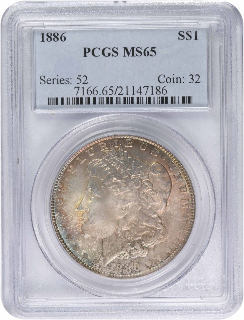 Morgan Silver Dollars MS65 PCGS: Morgan Silver Dollars MS65 PCGS MS65 certified Morgan Silver Dollar from 1886 boasts an impressive circulated/uncirculated grade and weighs in at 26.73 grams, featuring a reeded edge and no mint mark.