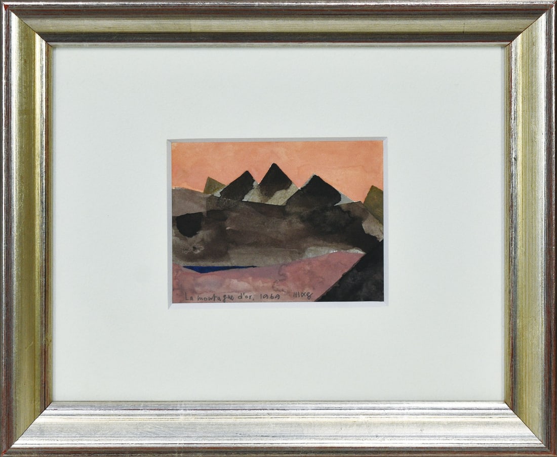Magoichi Kushida 1969 Signed Golden Original Watercolor Painting: Magoichi Kushida 1969 Signed Golden Original Watercolor Painting Magoichi Kushida's 1969 watercolor painting is a stunning example of Japanese artistry. The small, 8.5 x 11 cm landscape depicts a sere