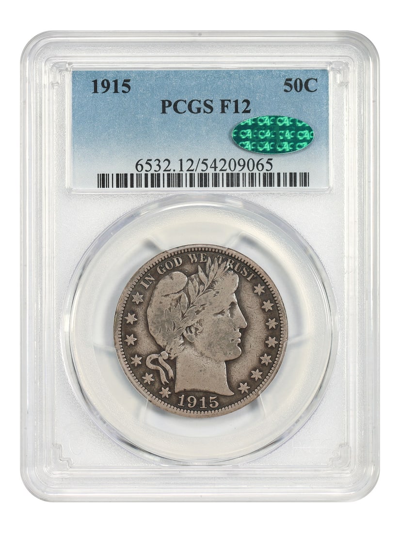 Key Low Mintage 1915 50C PCGS CAC Fine Barber Half Dollar: Key Low Mintage 1915 50C PCGS CAC Fine Barber Half Dollar Key Low Mintage 1915 50C PCGS CAC Fine Barber Half Dollar. This circulated 1915 half dollar features a rare low mintage, making it a highly