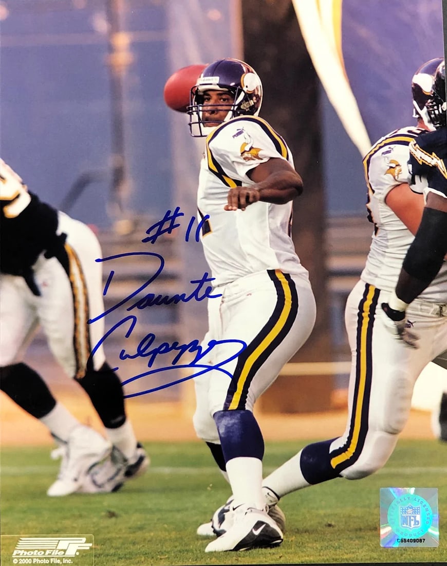 Culpepper Signed Football Photo: Culpepper Signed Football Photo Daunte Culpepper's blue sharpie autograph adds a unique touch to this official 8x10 football photo. The Minnesota Vikings legend is captured in action on this piece of