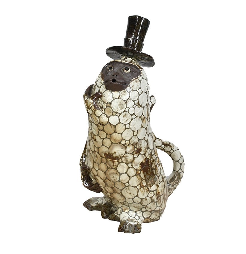 Monkey Sculpture Sake Bottle signed Ryonosuke Shimomura: Monkey Sculpture Sake Bottle signed Ryonosuke Shimomura The Monkey Sculpture Sake Bottle is a unique piece of Japanese pottery, crafted with attention to detail and style. Brought to life by renowned