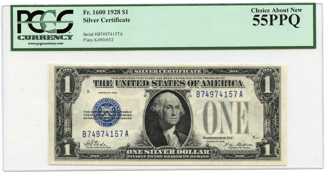 $1 Silver Certificate 1928 FR#1600 PCGS CH55 PPQ: $1 Silver Certificate 1928 FR#1600 PCGS CH55 PPQ PCGS Currency Certification Number 80561353 marks this $1 Silver Certificate as a high-quality circulated specimen. The AU55 grade indicates its condit