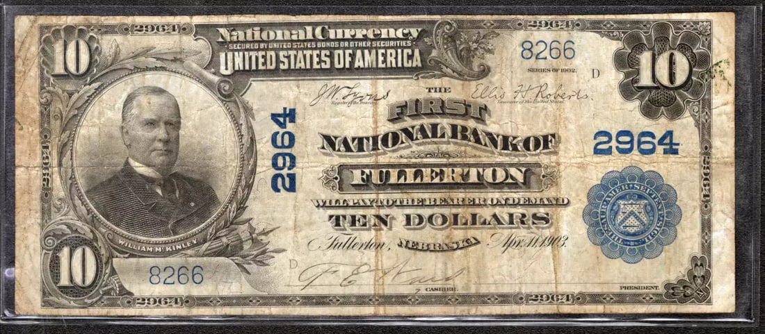 FULLERTON NEBRASKA 10DOLLAR BANKNOTE CURRENCY FR624: FULLERTON NEBRASKA 10DOLLAR BANKNOTE CURRENCY FR624 The Fullerton Nebraska $10 bill (Series FR624) features a unique serial number, 8266, and was circulated in 1902. This historic banknote showcases t