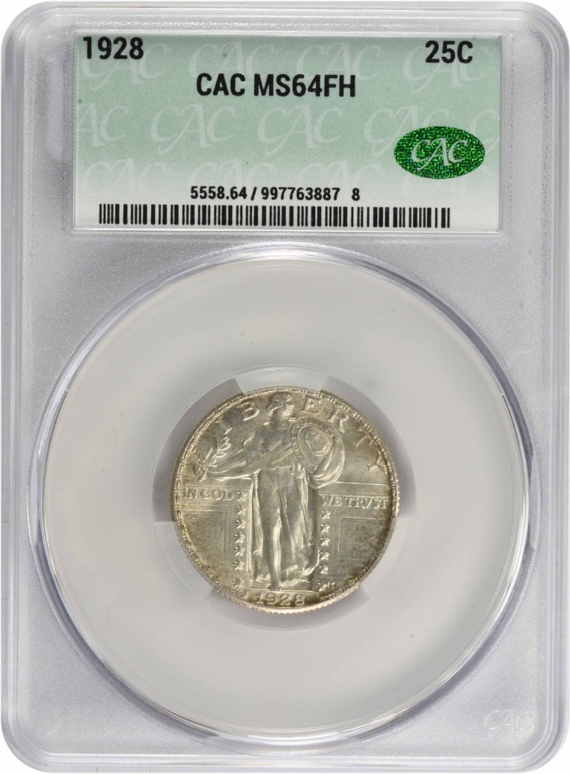 Silver quarter standing liberty 1928 MS64FH CACG: Silver quarter standing liberty 1928 MS64FH CACG The 1928 MS64FH CACG Silver Quarter stands out with its exceptional condition and detailed design. Featuring Hermon A. Mac Neil's iconic Standing