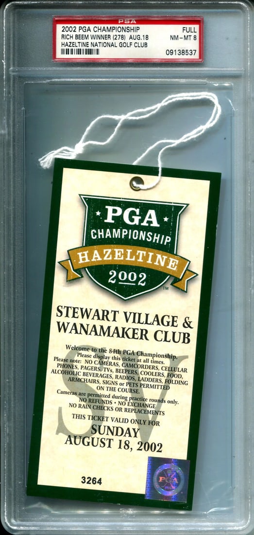 Rich Beem PGA Championship Full Ticket 2002 Winner 278 PSA 8: Rich Beem PGA Championship Full Ticket 2002 Winner 278 PSA 8 Rich Beem's historic 278 victory at the 2002 PGA Championship remains etched in golf lore. This full ticket, graded PSA 8, offers a