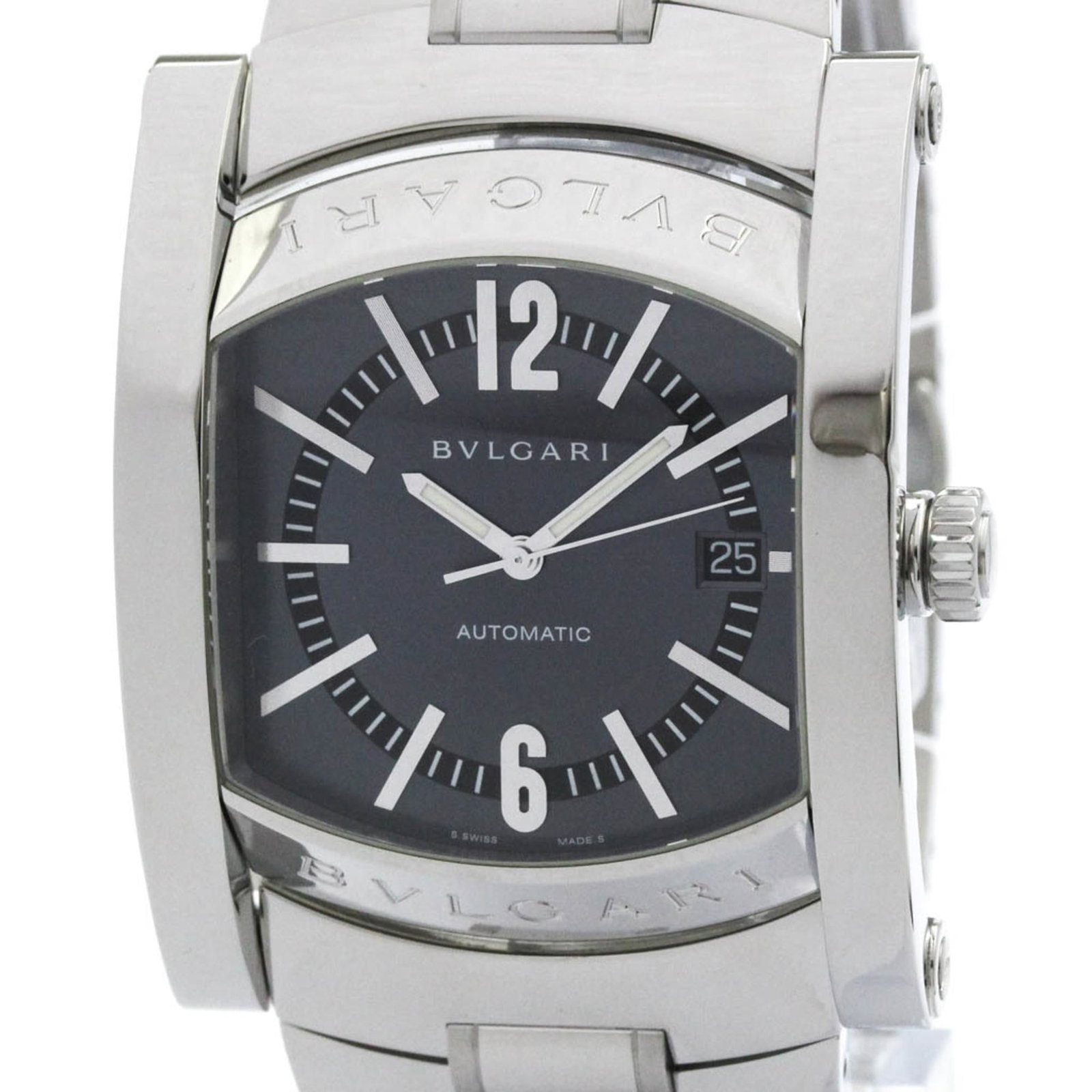 Bulgari Watch Wrist: Bulgari Watch Wrist Stainless steel case and band add a touch of sophistication to this Bulgari watch wrist, featuring a gray dial with subtle wear from occasional use. The watch has a diameter of