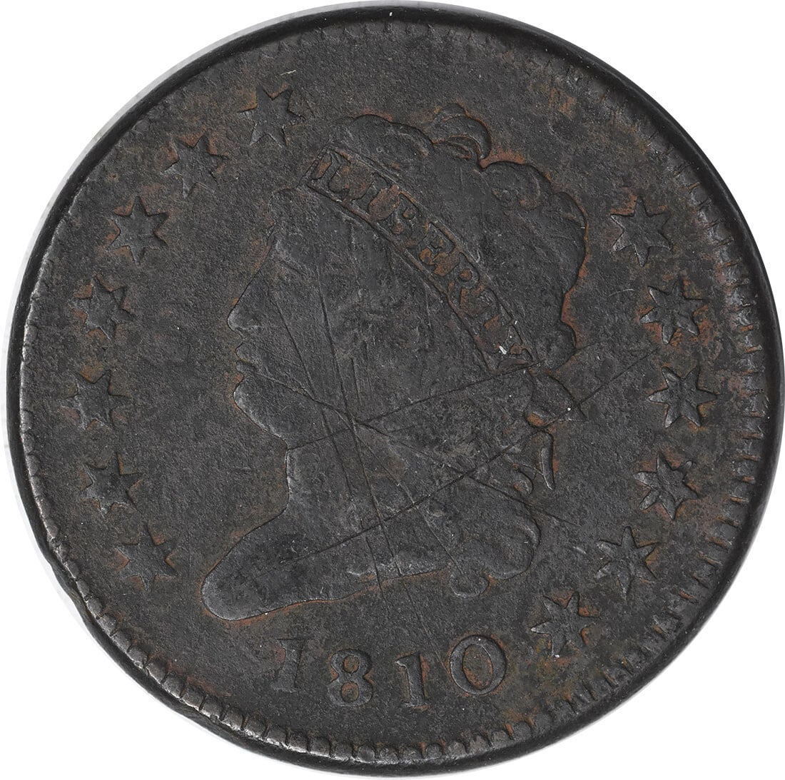Cent 1810 VF Uncertain: Cent 1810 VF Uncertain The Cent 1810 VF Uncertain coin features a classic design with John Reich's iconic head. Made from copper and weighing 10.89 grams, this circulated coin was minted in