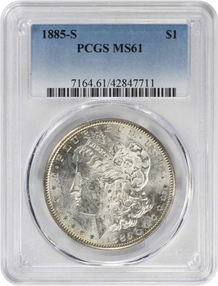 Morgan Dollar MS61 Silver Dollar 1885-PCGS: Morgan Dollar MS61 Silver Dollar 1885-PCGS The Morgan Dollar MS61 Silver Dollar, minted in 1885, boasts an impressive grade of MS61 from PCGS, indicating exceptional condition. This stunning coin