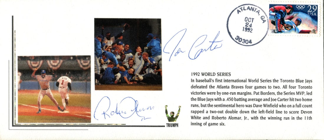 Roberto Alomar Joe Carter Autographed 1992 Series Envelope JSA: Roberto Alomar Joe Carter Autographed 1992 Series Envelope JSA Authentic 1992 World Series Envelope signed in blue pen by Roberto Alomar and Joe Carter. This unique piece of baseball history comes