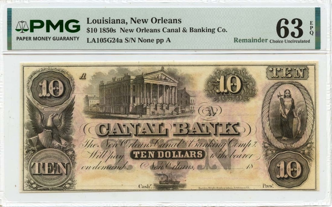 Obsolete Louisiana Note: Obsolete Louisiana Note The Obsolete Louisiana Note is an uncirculated MS63 graded note from PMG, bearing the certification number 1725599113. This rare note features a unique design and is a notable