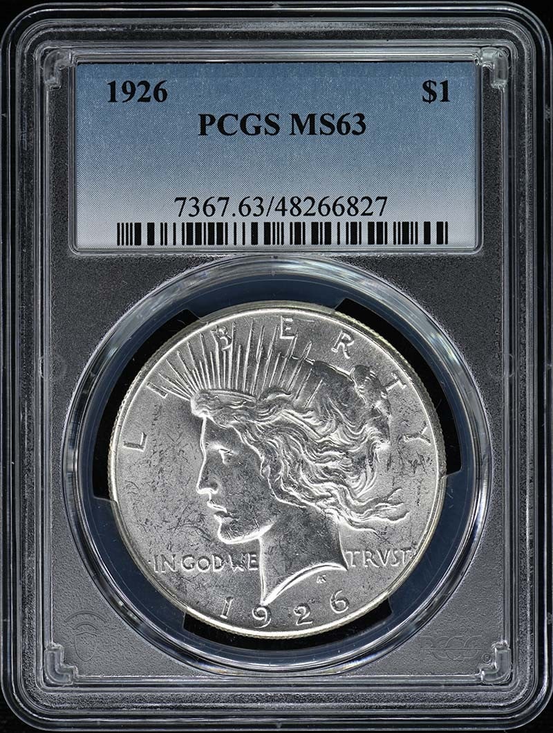One dollar coin Peace 1926 MS63: One dollar coin Peace 1926 MS63 The 1926 Peace Dollar MS63 coin features a striking design with a high level of detail and luster. Certified by PCGS as an MS63 grade, this uncirculated coin showcases 