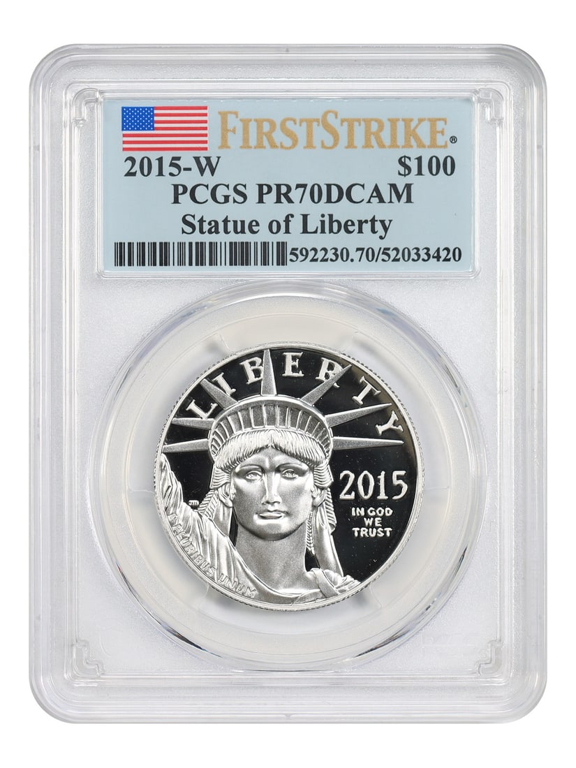 PCGS PR70DCAM First Strike Statue of Liberty 2015: PCGS PR70DCAM First Strike Statue of Liberty 2015 The PCGS PR70DCAM First Strike Statue of Liberty 2015 is an uncirculated platinum eagle coin certified by the Professional Coin Grading Service (PCGS)