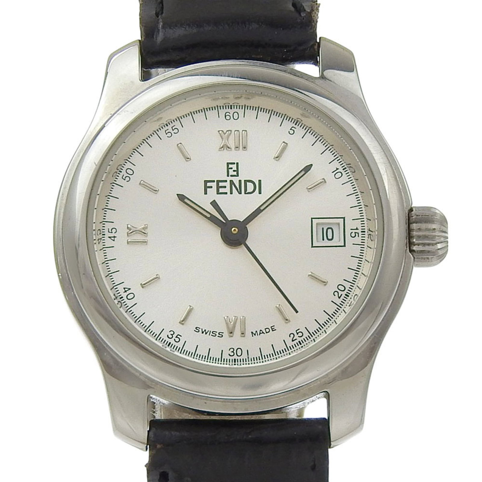 Wristwatch By Fendi: Wristwatch By Fendi Stainless steel case and silver dial add a touch of sophistication to this Fendi wristwatch. The leather and stainless steel band provides a comfortable fit for wrists ranging from